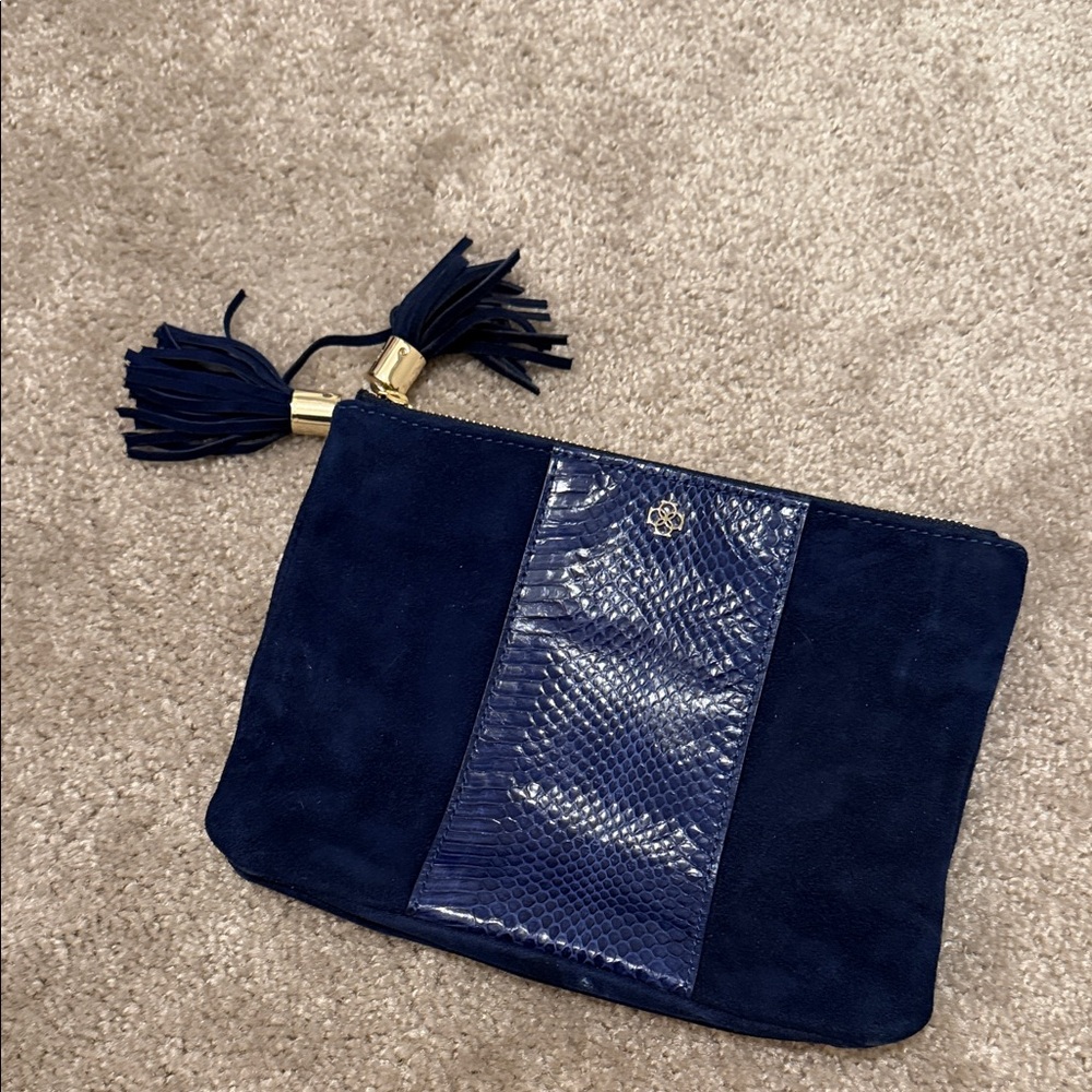 Elegant Ann Taylor Blue Velvet and Leather Clutch with Tassel